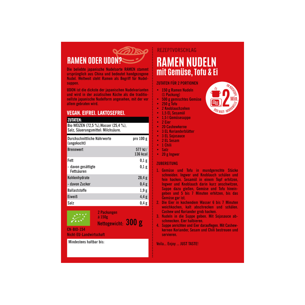 Achterkant van de verpakking Bio Ramen Noedels met ingrediënten, voedingswaarden en receptsuggestie