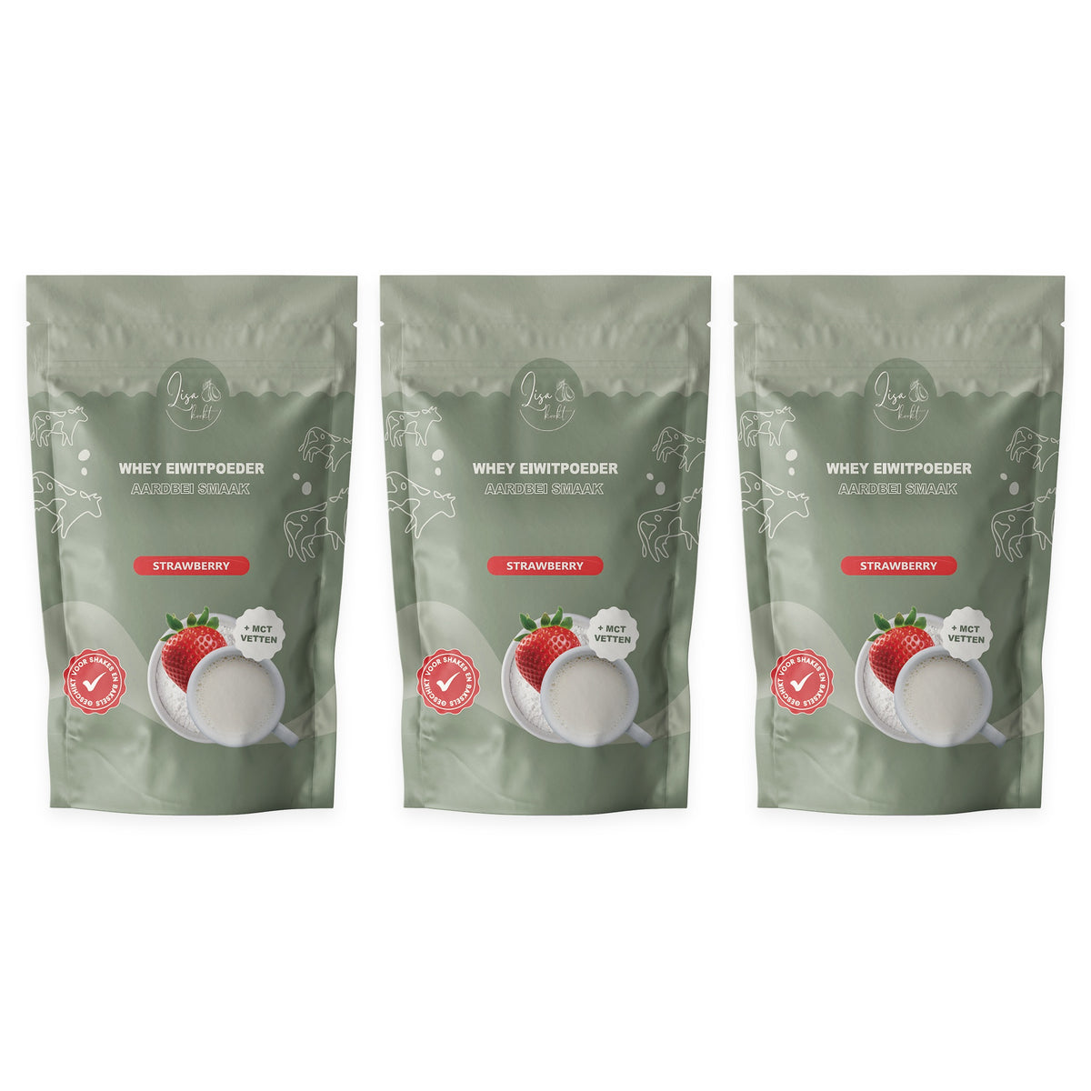 3 zakken Whey Eiwitpoeder Aardbei, voordeelpakket van 3 x 300 gram
