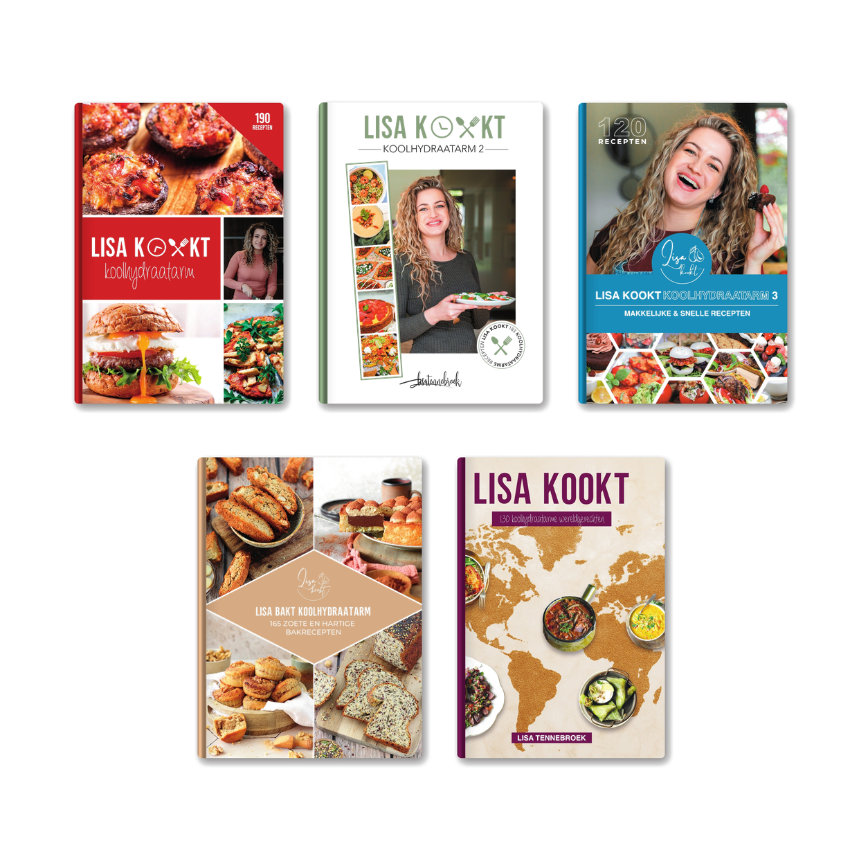 De complete bibliotheek van Lisa Kookt, alle vijf de hardcover kookboeken