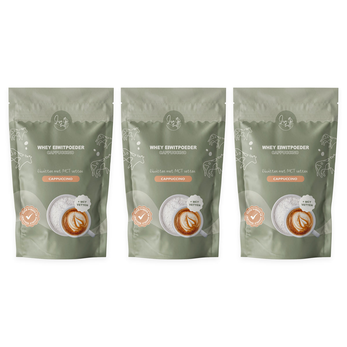 3 zakken Whey Eiwitpoeder Cappuccino, voordeelpakket van 3 x 300 gram