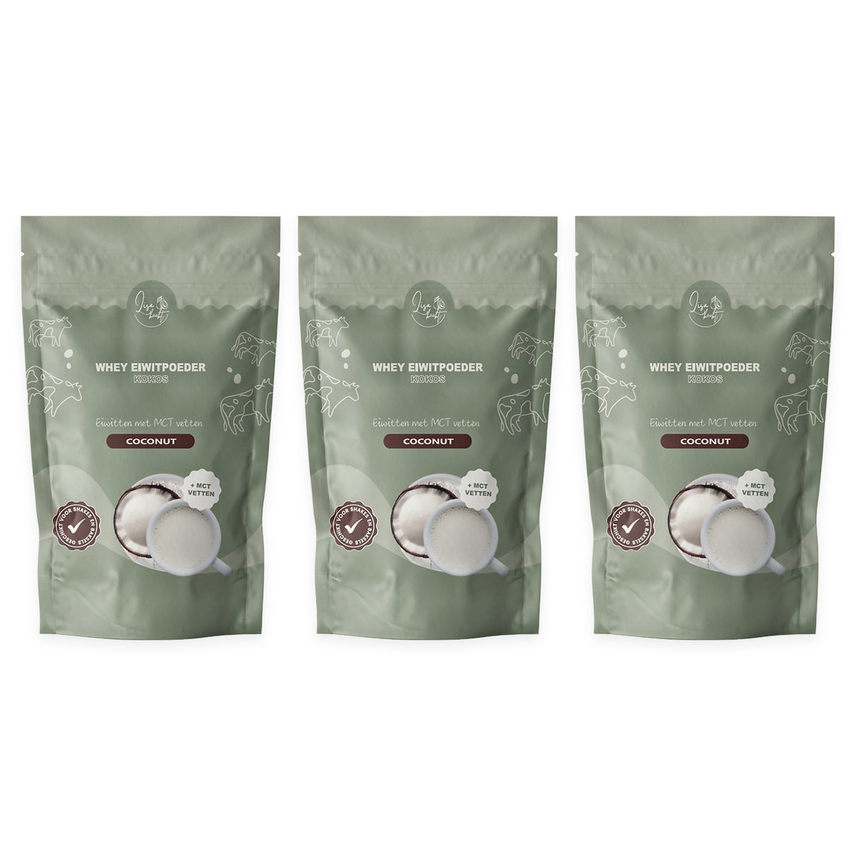 3 zakken Whey Eiwitpoeder Kokos, voordeelpakket van 3 x 300 gram