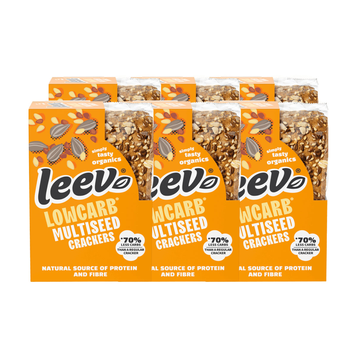Zes pakken Leev Crackers Multiseed gestapeld, 6 x 80 gram