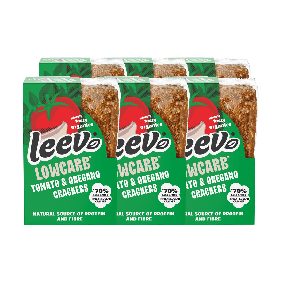 Zes pakken Leev Crackers Tomaat en Oregano gestapeld, 6 x 80 gram