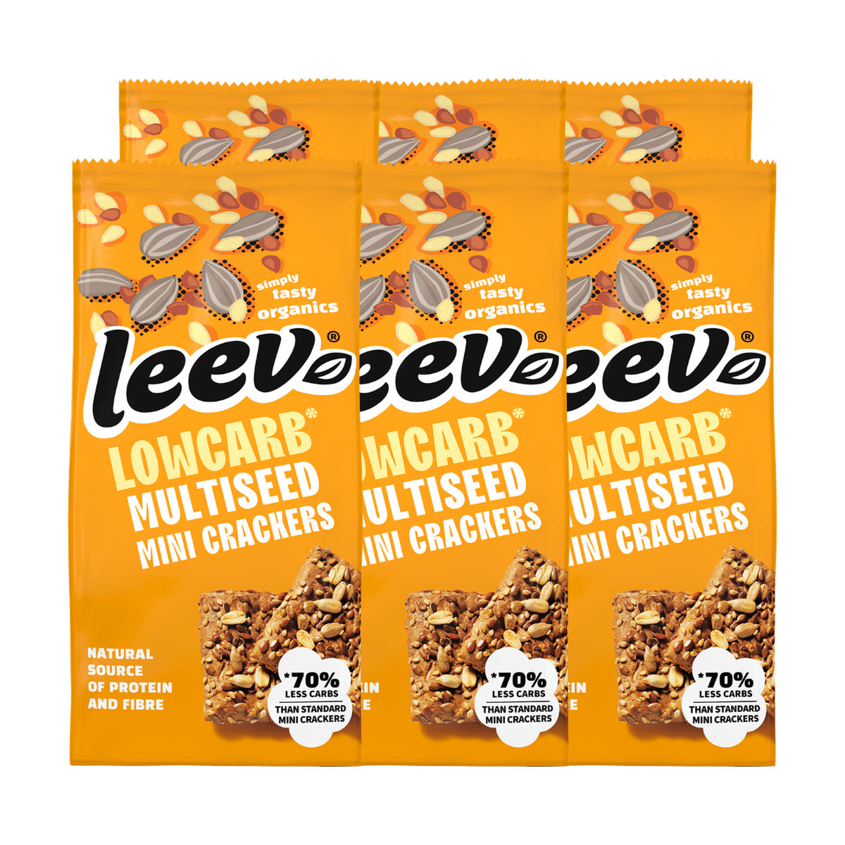 Zes zakken Leev Mini Crackers Multiseed gestapeld, 6 x 85 gram