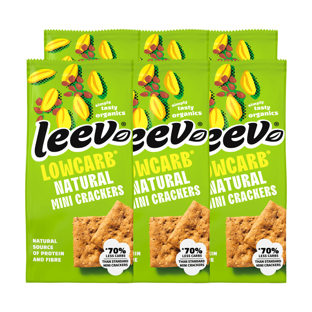 Zes zakken Leev Mini Crackers Naturel gestapeld, 6 x 85 gram