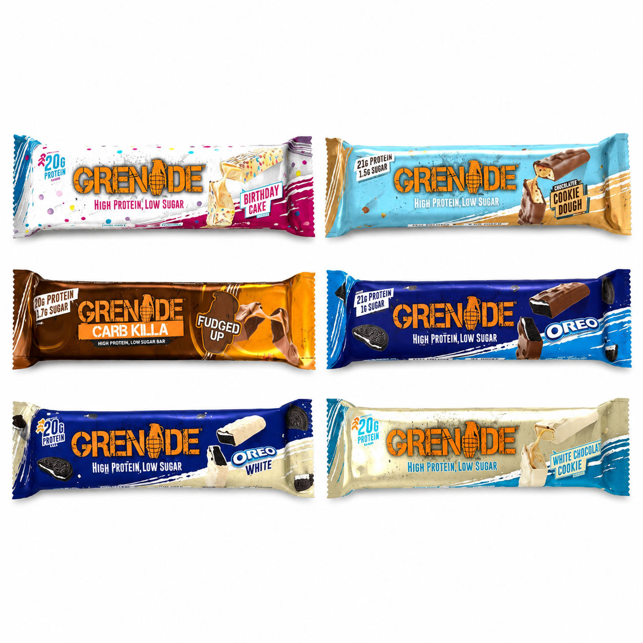 Eiwitrepen proefpakket met zes Grenade repen, birthday cake, cookie dough, fudged up, oreo, oreo white en white chocolate cookie