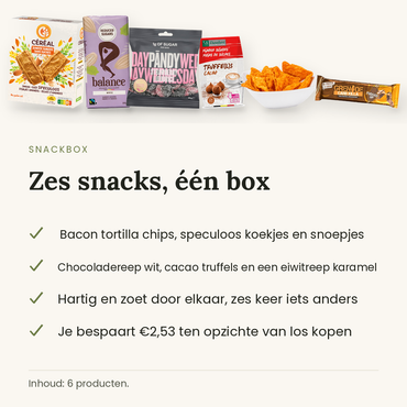 Snackbox: zes snacks in een box, wat er in zit