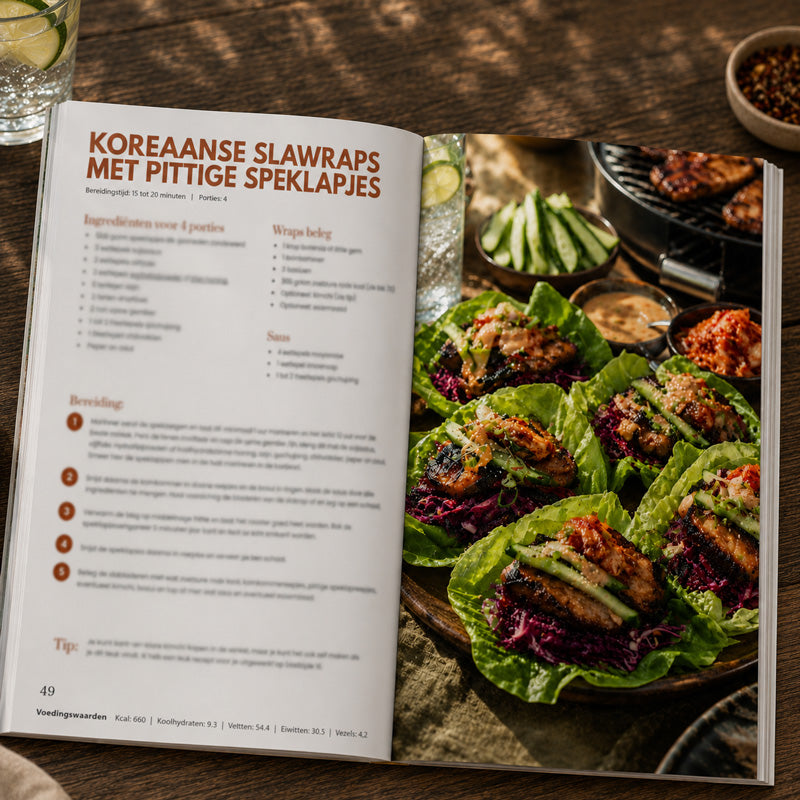 Recept Koreaanse slawraps met pittige speklapjes op een houten tafel