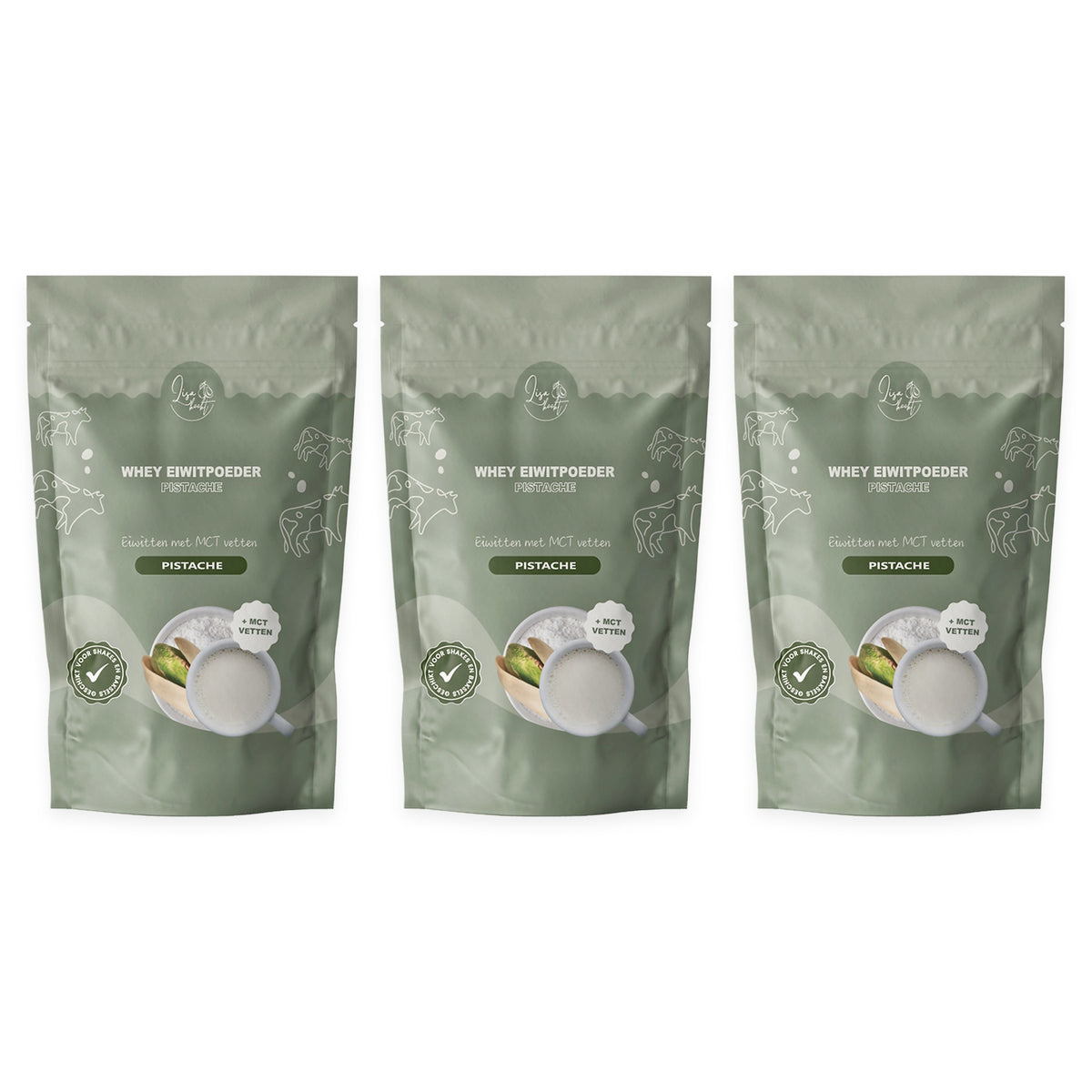 3 zakken Whey Eiwitpoeder Pistache, voordeelpakket van 3 x 300 gram
