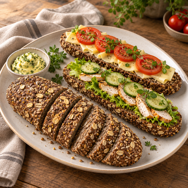 Afbak stokbrood gesneden en belegd op een schaal
