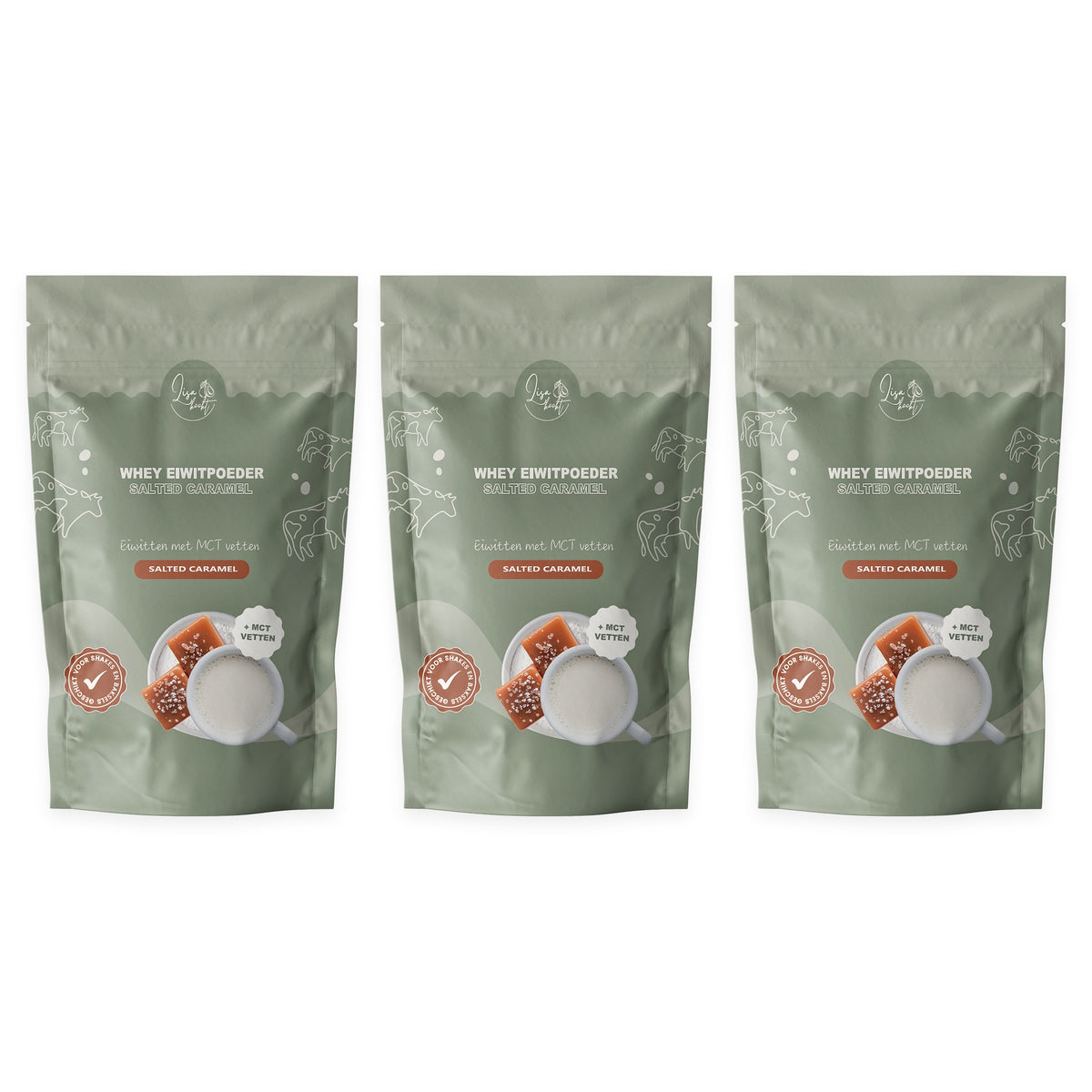 3 zakken Whey Eiwitpoeder Salted Caramel, voordeelpakket van 3 x 300 gram