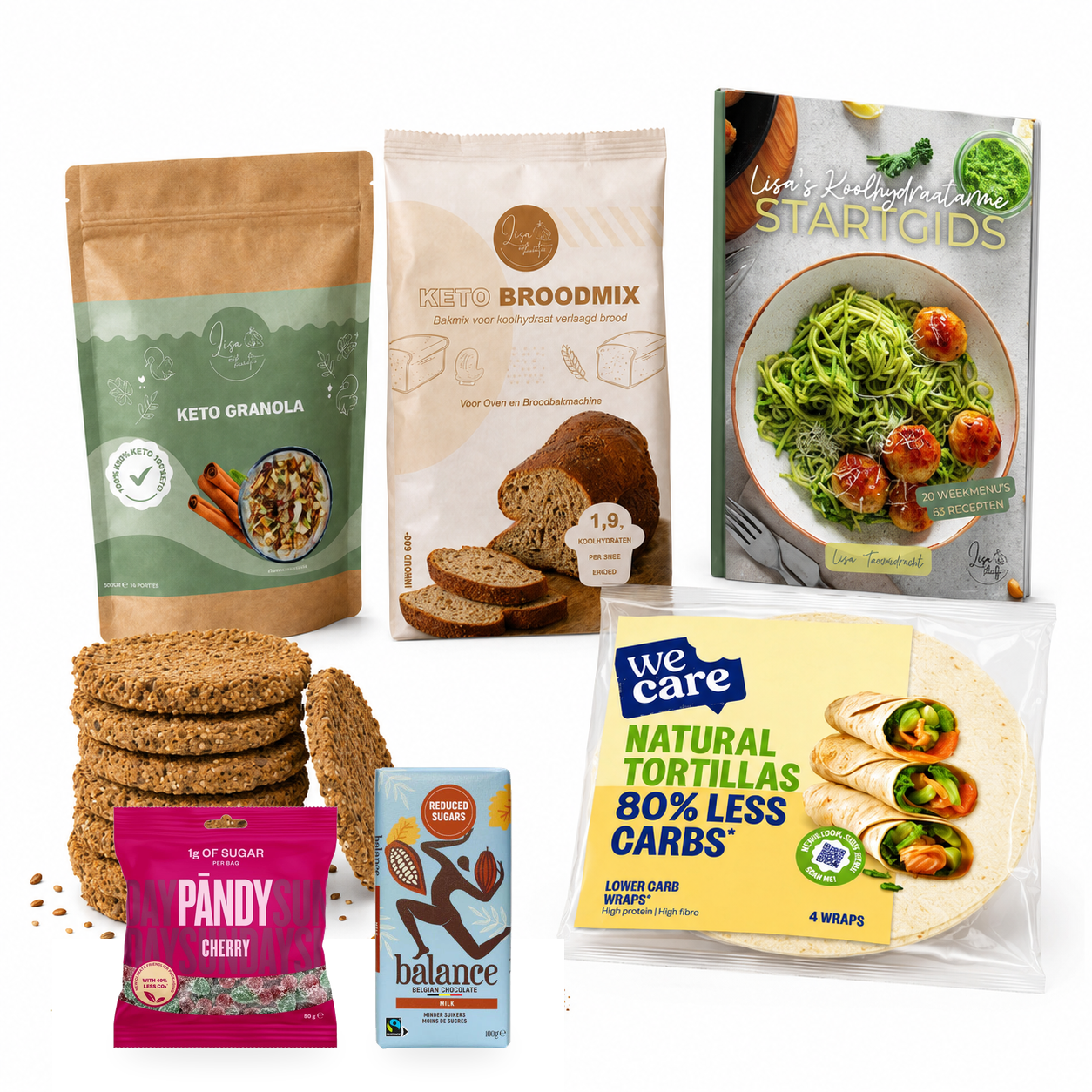 Startpakket Compleet met de Koolhydraatarme Startgids, keto granola, keto broodmix, beschuit, wraps, snoepjes kersen en een melkchocoladereep