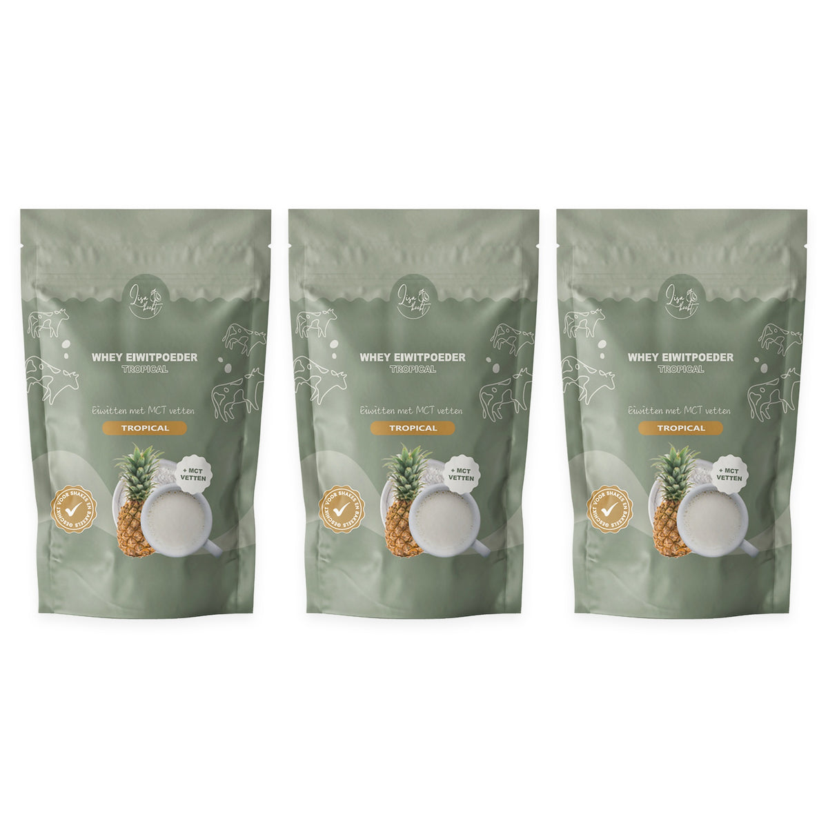 3 zakken Whey Eiwitpoeder Tropisch, voordeelpakket van 3 x 300 gram