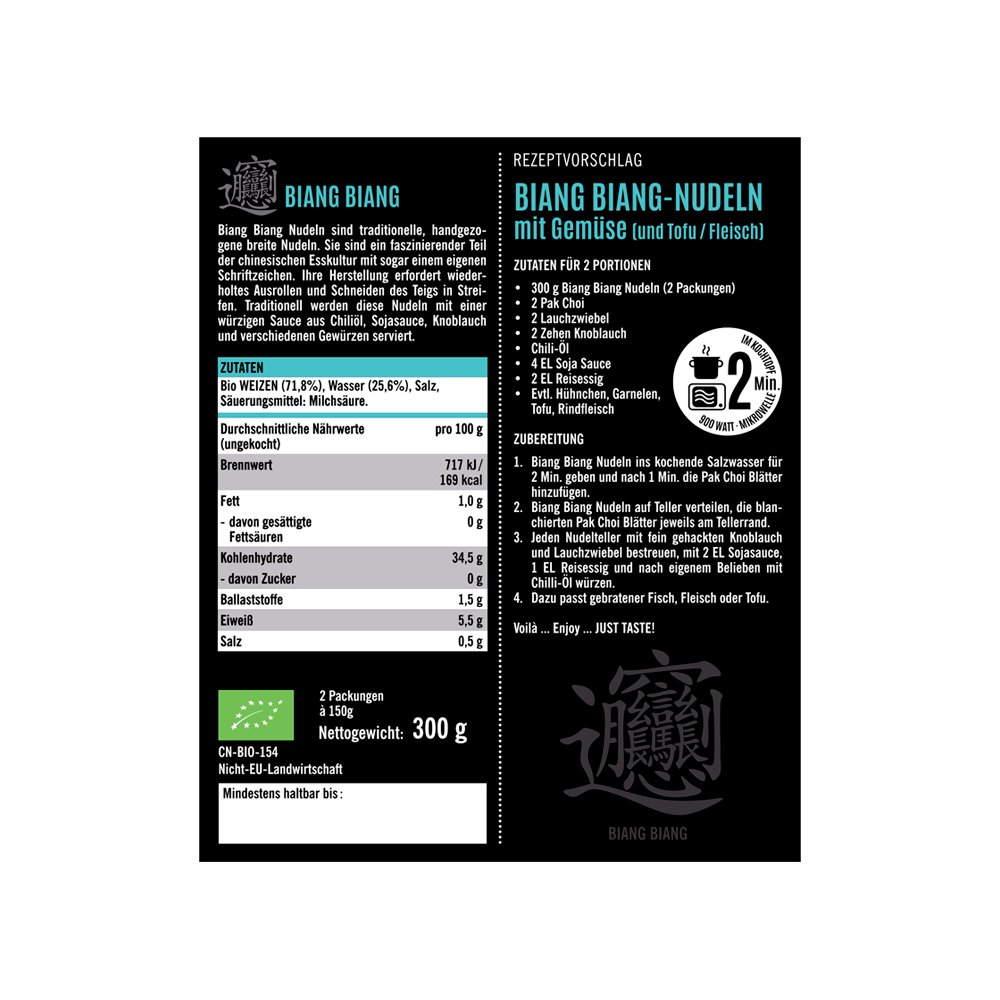Achterkant van de verpakking Bio Biang Biang Noedels met ingrediënten, voedingswaarden en receptsuggestie
