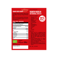 Achterkant van de verpakking Bio Ramen Noedels met ingrediënten, voedingswaarden en receptsuggestie