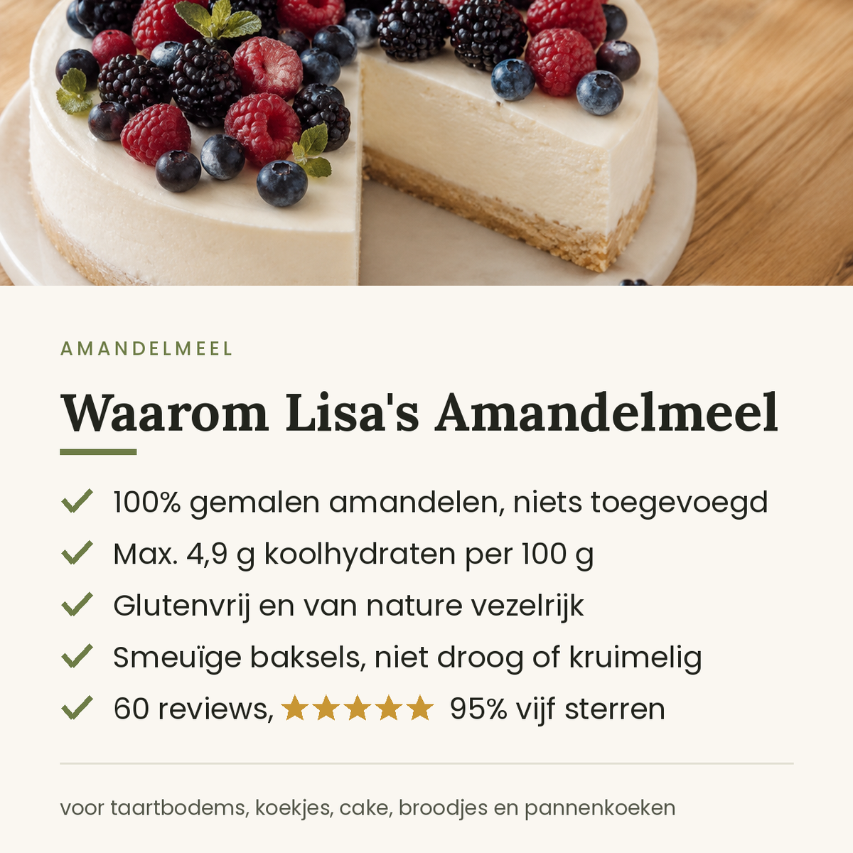 Waarom Lisa's amandelmeel: 100% gemalen amandelen, maximaal 4,9 gram koolhydraten per 100 gram, glutenvrij en vezelrijk