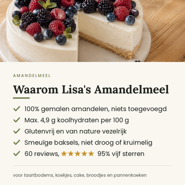 Waarom Lisa's amandelmeel: 100% gemalen amandelen, maximaal 4,9 gram koolhydraten per 100 gram, glutenvrij en vezelrijk