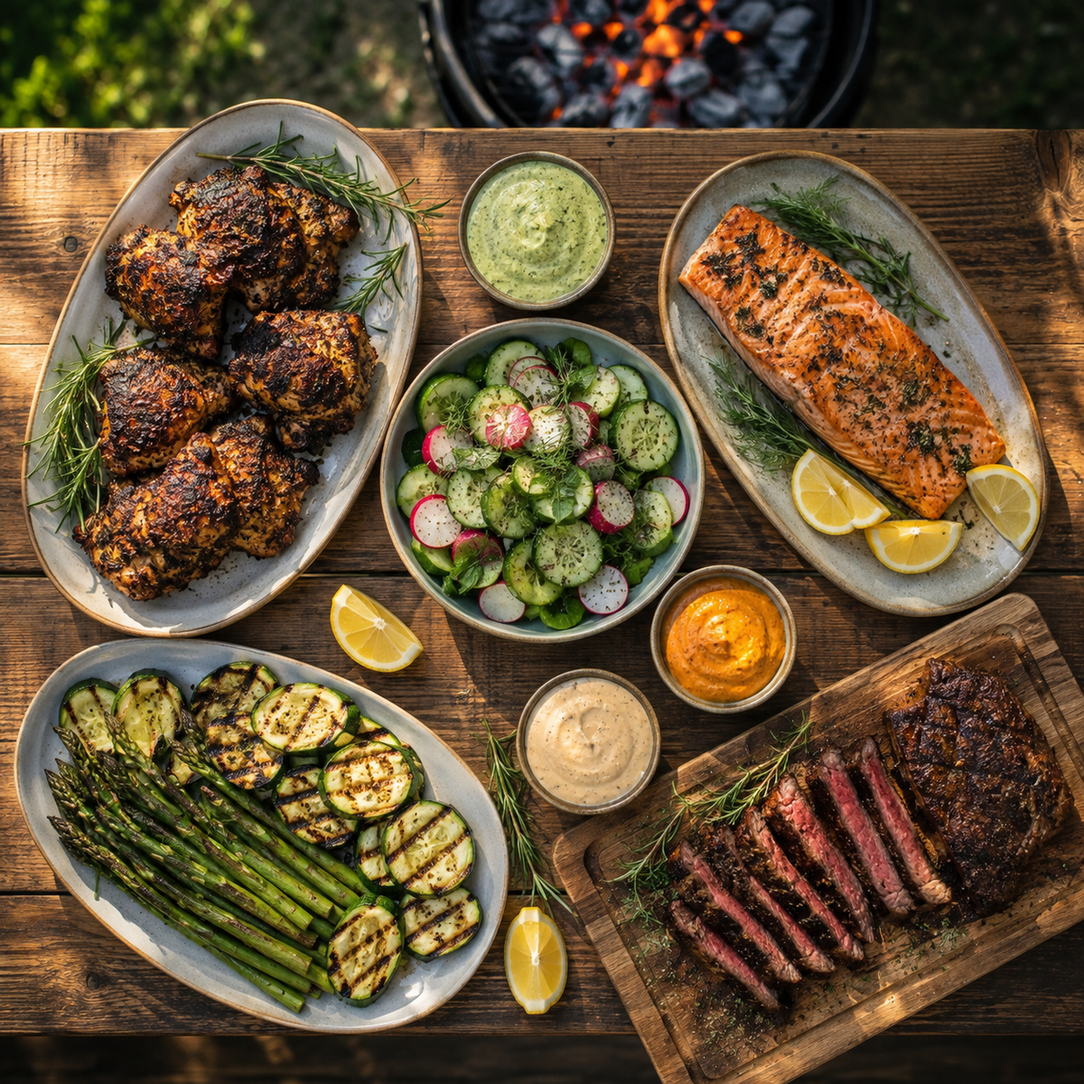 Koolhydraatarme barbecuetafel met vlees vis en salades
