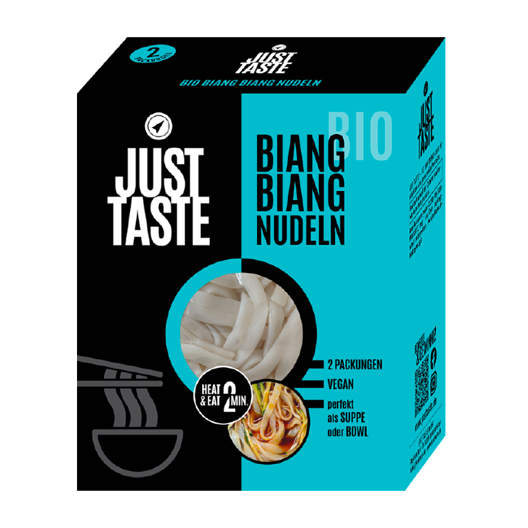 Doos Just Taste Bio Biang Biang Noedels van 300 gram in zwart en turquoise