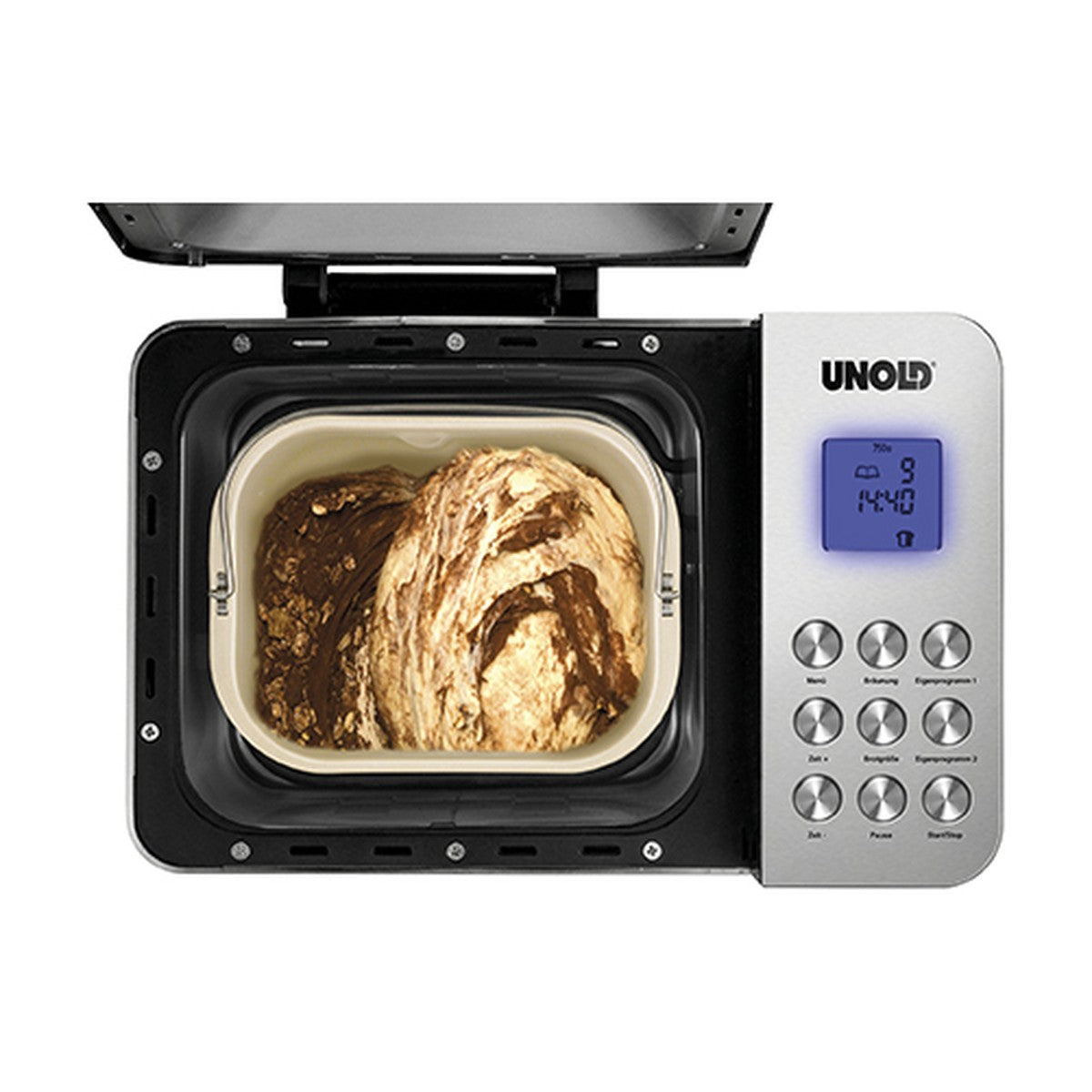 Vers gebakken brood in het bakblik van de Unold broodbakmachine