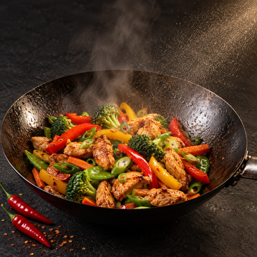 Cooking spray chili over geroerbakte groenten