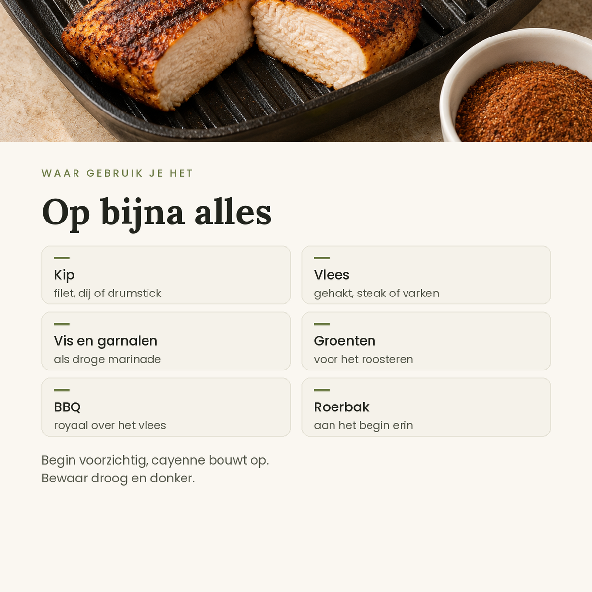 Toepassingen: kip, vlees, vis, groenten, BBQ en roerbak
