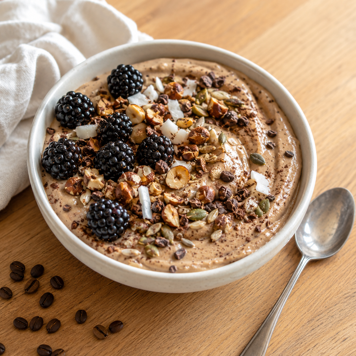 Griekse yoghurt met cappuccino whey, keto granola, hazelnoten en bramen