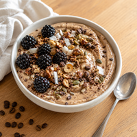 Griekse yoghurt met cappuccino whey, keto granola, hazelnoten en bramen
