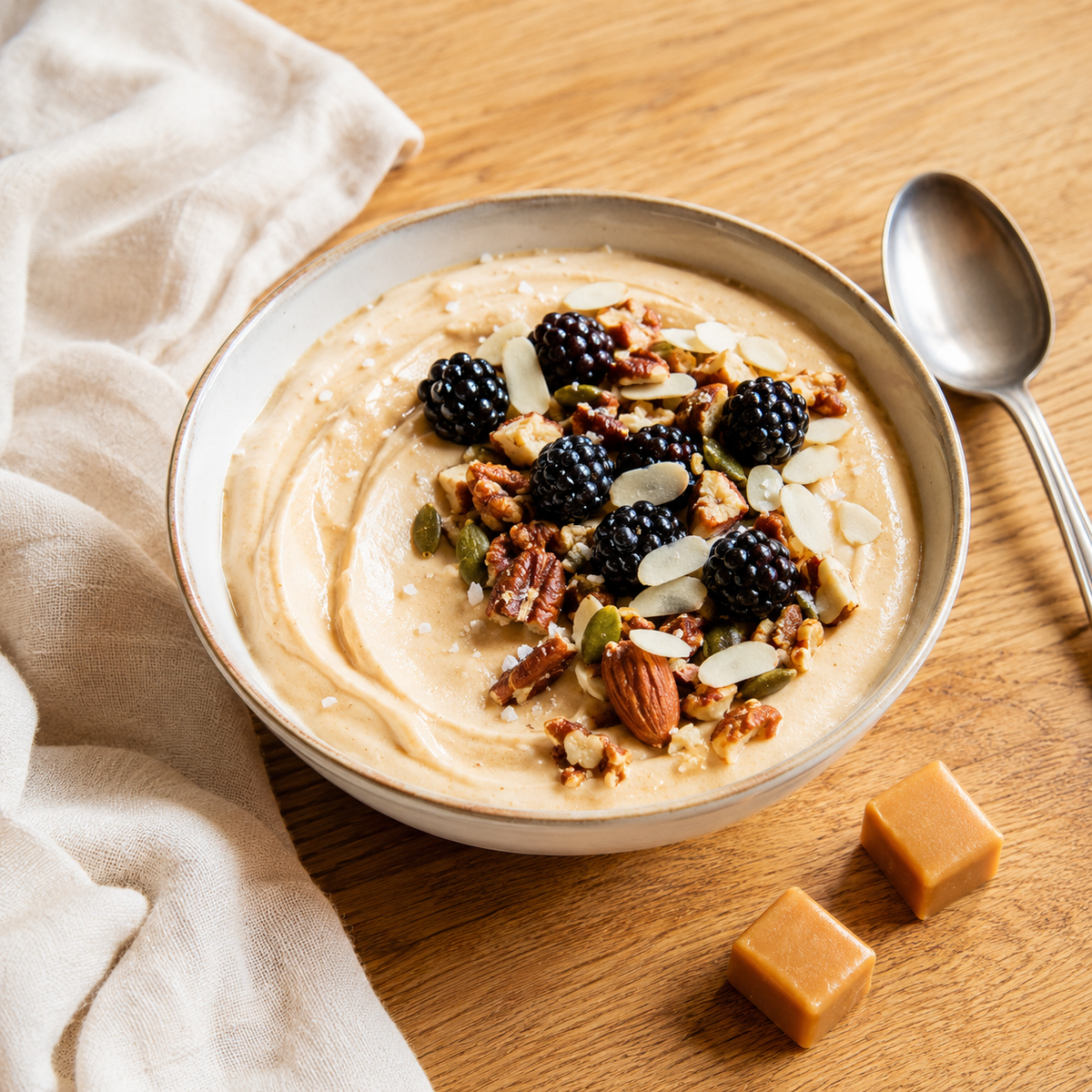 Griekse yoghurt met salted caramel whey, keto granola en bramen