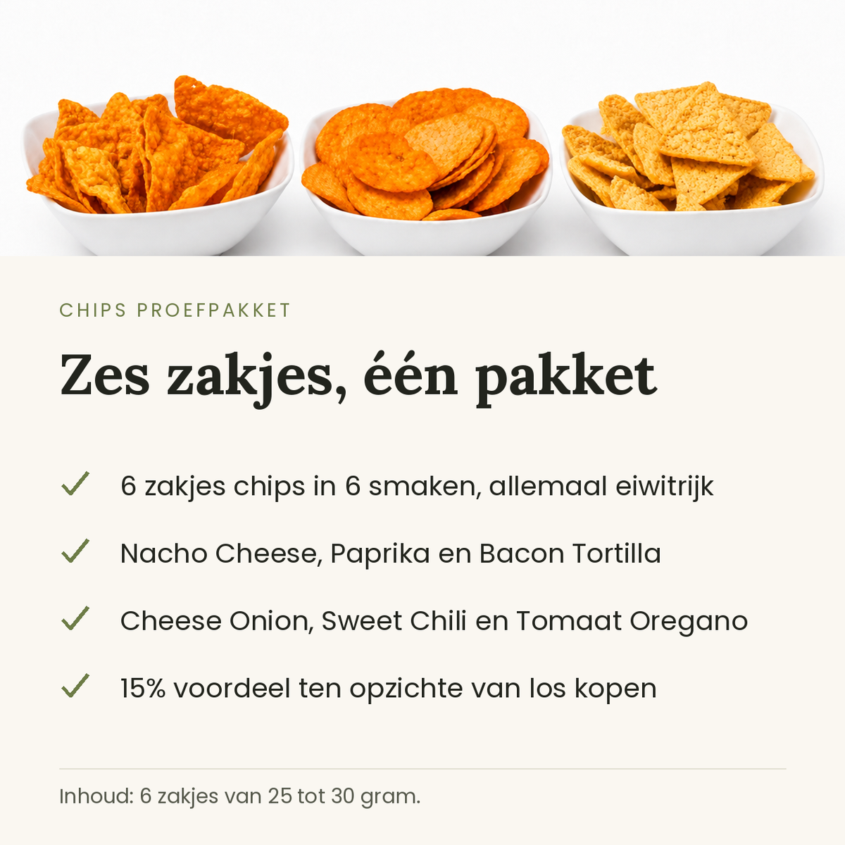 Chips proefpakket, zes zakjes in zes smaken, allemaal eiwitrijk