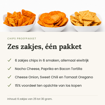 Chips proefpakket, zes zakjes in zes smaken, allemaal eiwitrijk