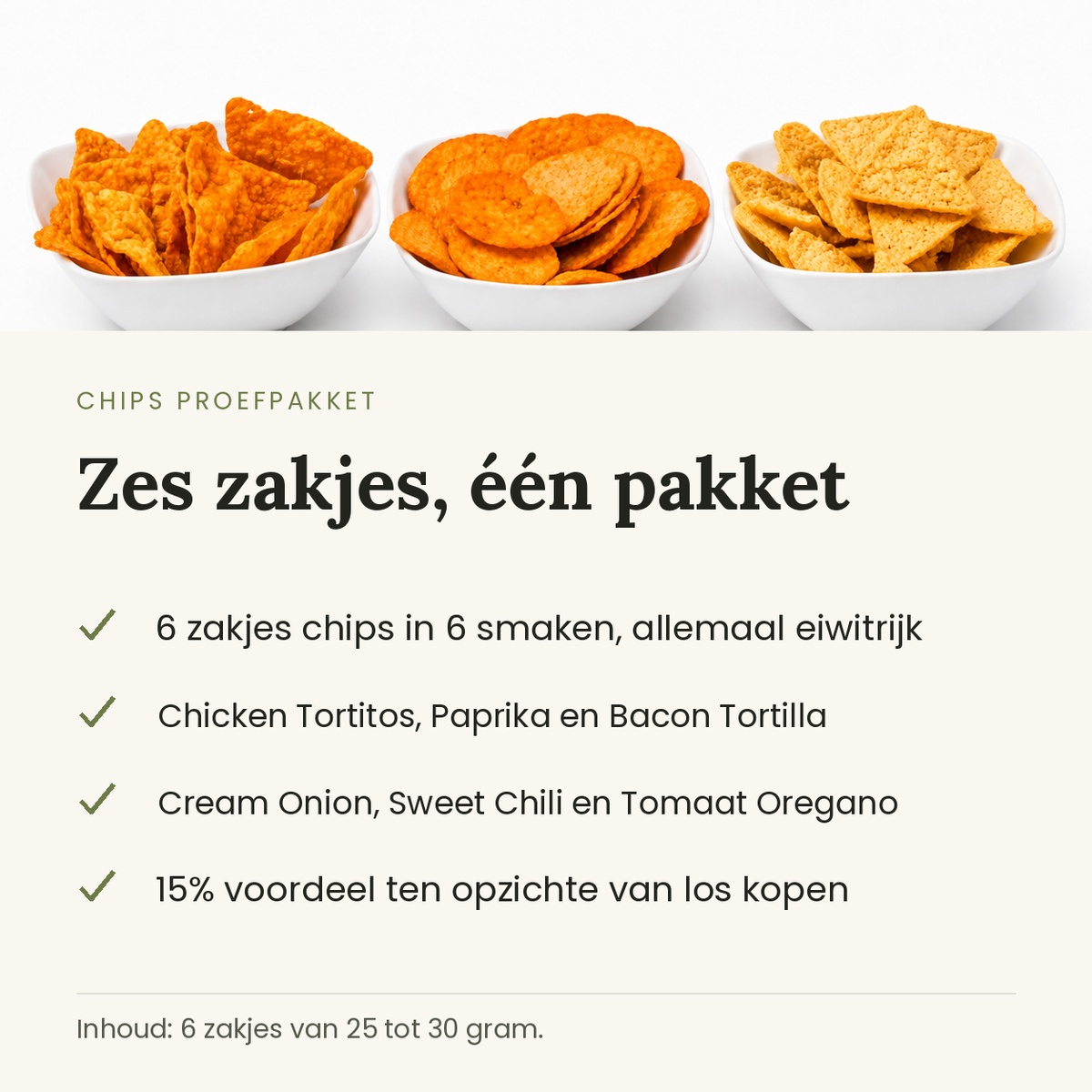 Chips proefpakket, zes zakjes in zes smaken, allemaal eiwitrijk