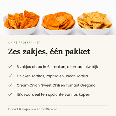 Chips proefpakket, zes zakjes in zes smaken, allemaal eiwitrijk