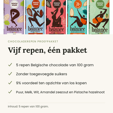 Chocoladerepen proefpakket, vijf repen Belgische chocolade van 100 gram