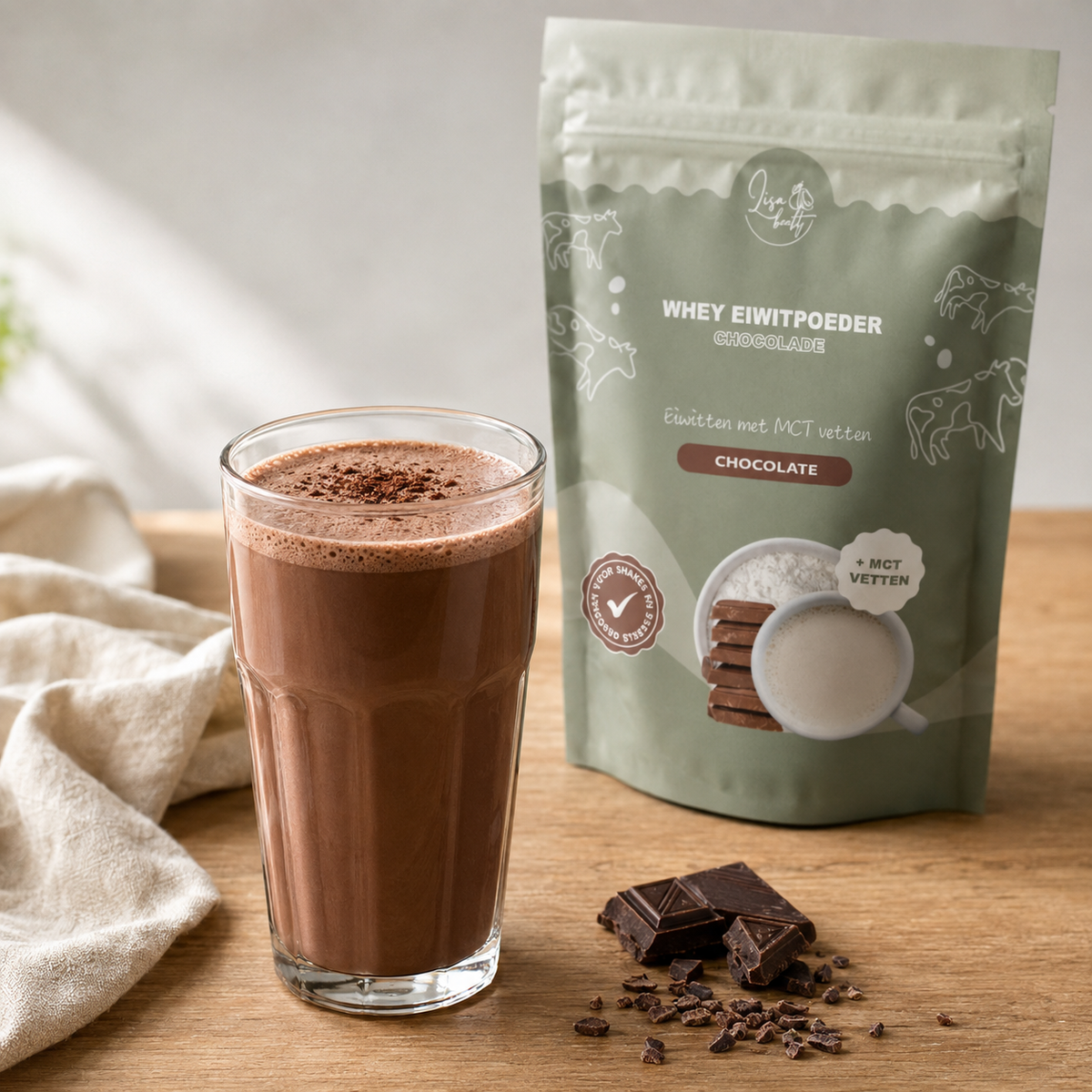 Chocoladeshake gemaakt met Lisa's whey eiwitpoeder chocolade, met de zak ernaast