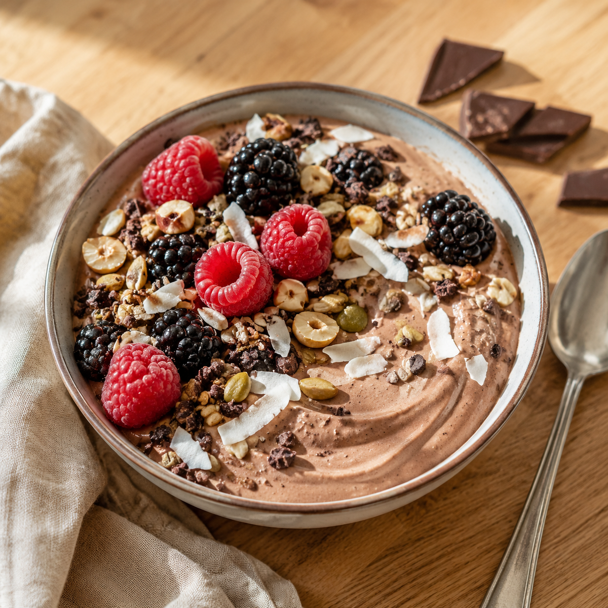 Griekse yoghurt met chocolade whey, keto granola, cacaonibs en bosvruchten