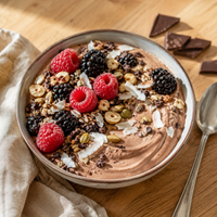 Griekse yoghurt met chocolade whey, keto granola, cacaonibs en bosvruchten