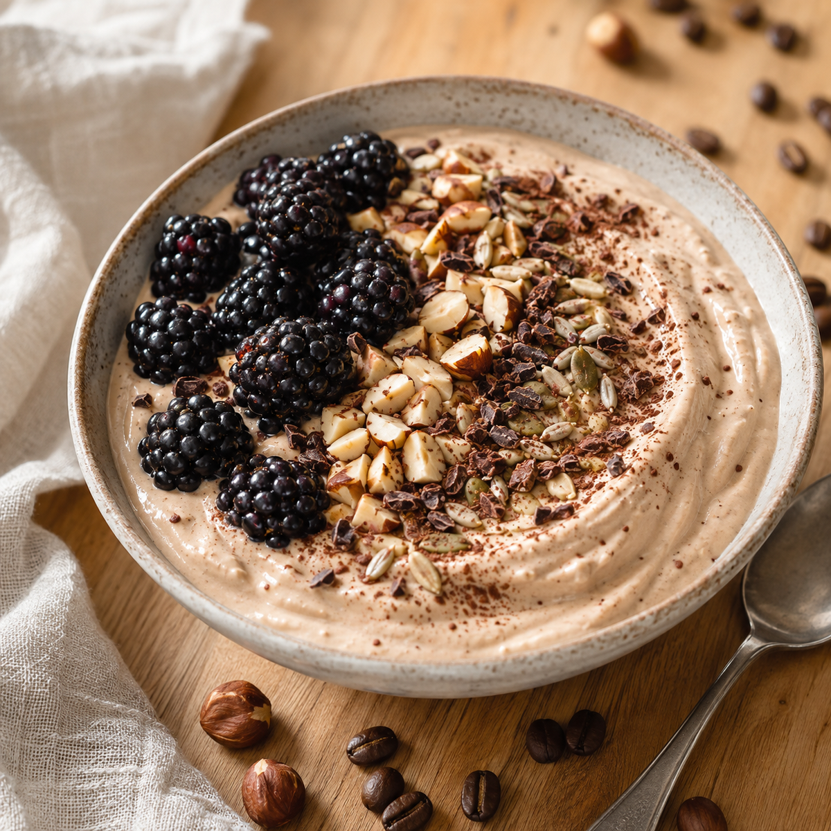 Griekse yoghurt met koffie hazelnoot whey, keto granola, hazelnoten en bramen