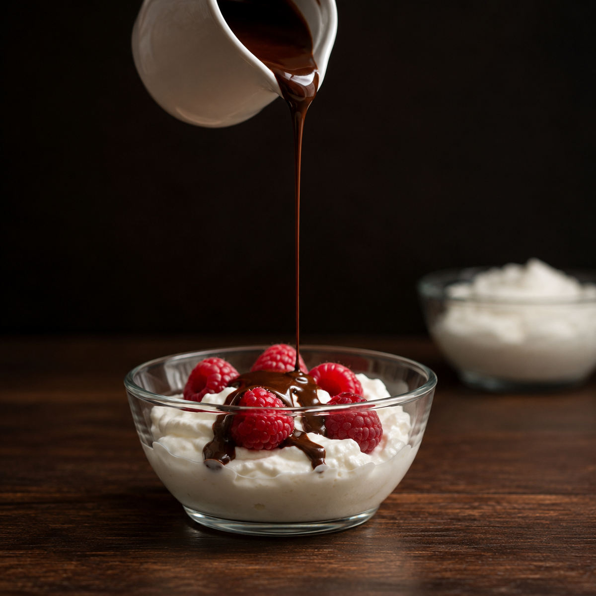 Chocolade saus over kwark