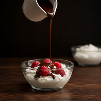 Chocolade saus over kwark