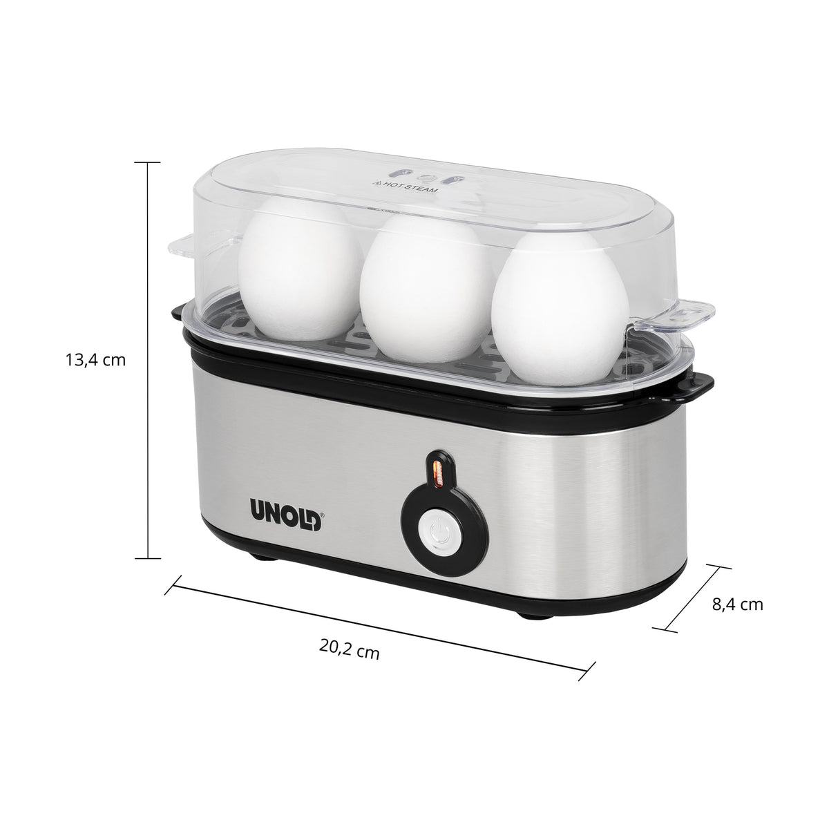 Afmetingen van de Unold eierkoker: 20,2 cm breed, 8,4 cm diep en 13,4 cm hoog