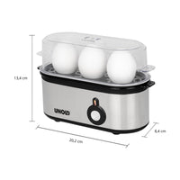Afmetingen van de Unold eierkoker: 20,2 cm breed, 8,4 cm diep en 13,4 cm hoog