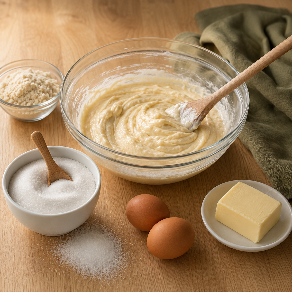 Aanrecht met beslag, eieren, boter, amandelmeel en een kom erythritol vlak voor het bakken