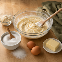 Aanrecht met beslag, eieren, boter, amandelmeel en een kom erythritol vlak voor het bakken