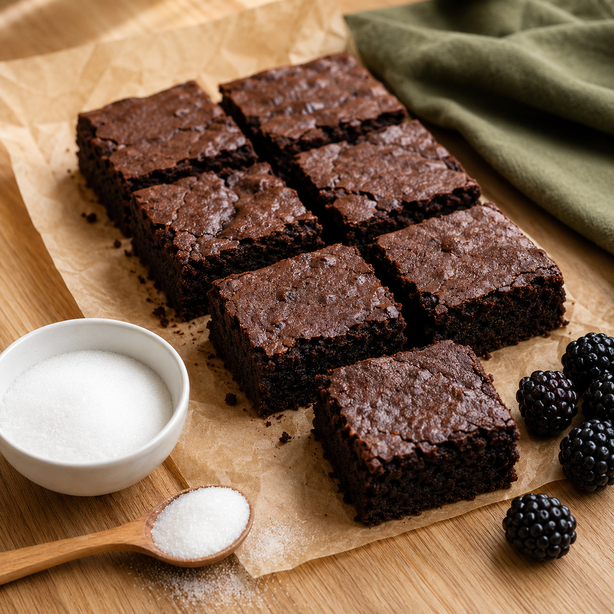 Suikervrije chocoladebrownies met bramen, gemaakt met erythritol in plaats van suiker