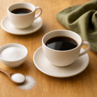 Kop zwarte koffie met een schaaltje erythritol en een houten lepeltje
