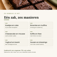 Zes manieren om erythritol te gebruiken: koekjes en cake, brownies en muffins, cheesecake en mousse, koffie en thee, yoghurt en kwark, sauzen en dressings