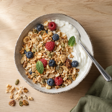 Kom Griekse yoghurt met Lisa's Keto Granola, blauwe bessen en frambozen