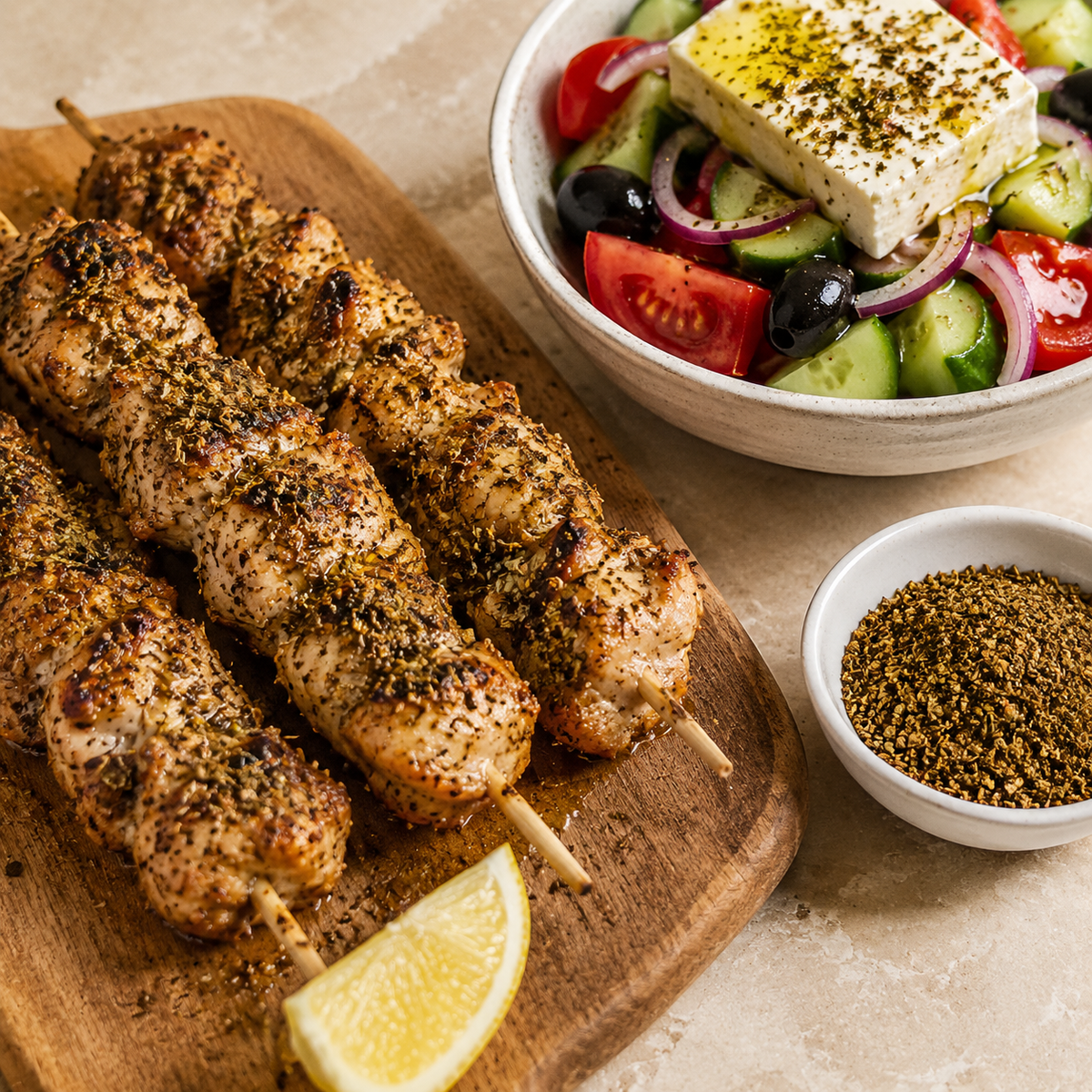 Griekse kipspiesjes met salade en Lisa Kookt Griekse kruiden