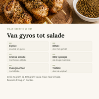 Toepassingen: kipfilet, bifteki, Griekse salade, spiesjes en tzatziki